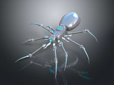 Mechanical Spider With Metallic Body Blue Glowing Accents And Sharp Legs 3d model