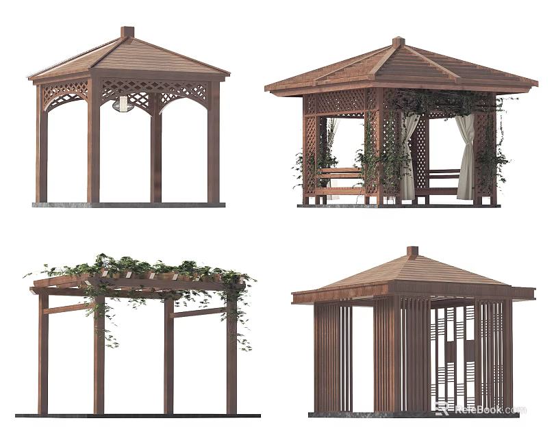 Wooden Gazebos In Four Styles With Decorative Roofs Seats Vines And Lattices 3d model 