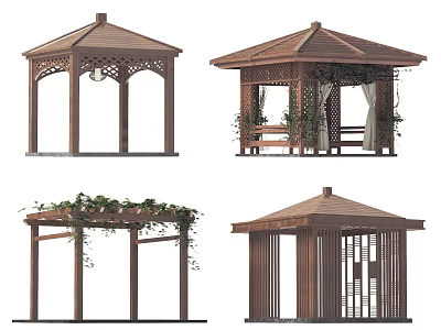 Wooden Gazebos In Four Styles With Decorative Roofs Seats Vines And Lattices 3d model