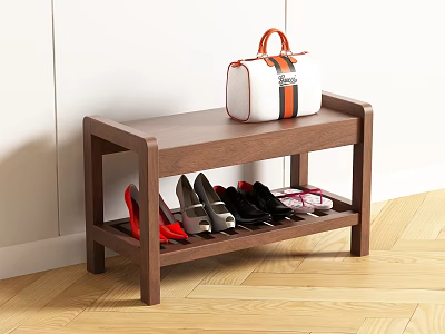 Walnut Wooden Shoe Storage Bench With Top Bag And Lower Shelf Shoes 3d model