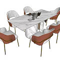 Modern Dining Table Set With Marble Top And Six Red Upholstered Chairs 3d model