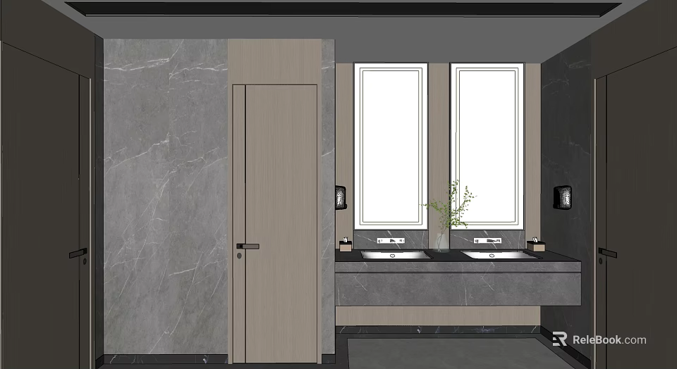 Public Restroom Interior With Marble Walls Double Sinks And Window Lighting 3d model