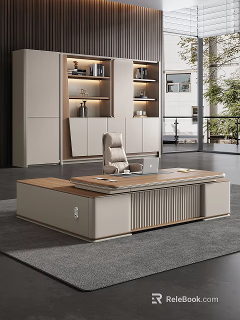 Elegant Modern Office Desk Interior With Wooden Top And Comfortable Beige Chair 3d model 
