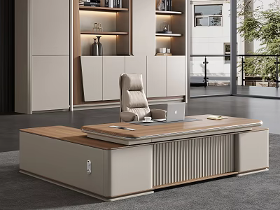 Elegant Modern Office Desk Interior With Wooden Top And Comfortable Beige Chair 3d model