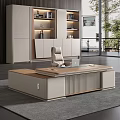 Elegant Modern Office Desk Interior With Wooden Top And Comfortable Beige Chair
