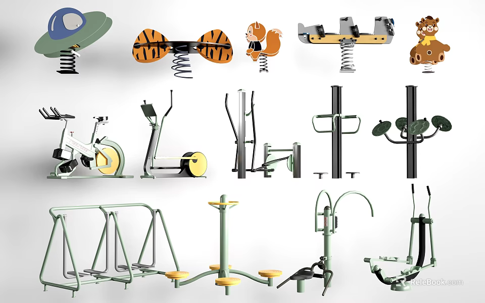 Colorful Playground Equipment With Animal Shaped Spring Riders And Outdoor Fitness Gear 3d model 