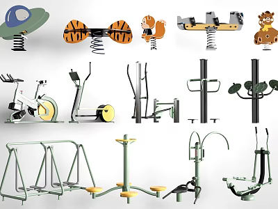 Colorful Playground Equipment With Animal Shaped Spring Riders And Outdoor Fitness Gear 3d model