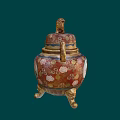 Traditional Ornament Decor Set With Lion Lid Dragon Handles Floral Bird Motif Golden Legged Design