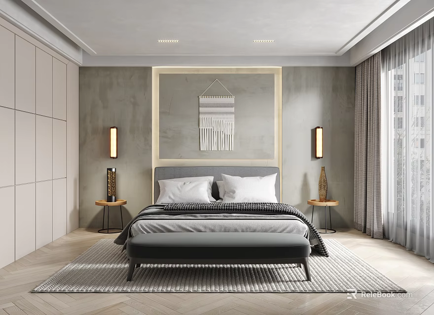 Double Bed In Modern Minimalist Bedroom With Gray Wall Nightstands And Wall Lamps 3d model 
