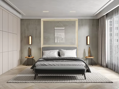 Double Bed In Modern Minimalist Bedroom With Gray Wall Nightstands And Wall Lamps 3d model