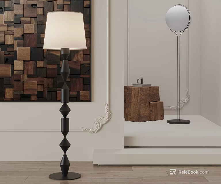 Modern Floor Lamp With Geometric Black Base White Lampshade And Wooden Wall Art 3d model 