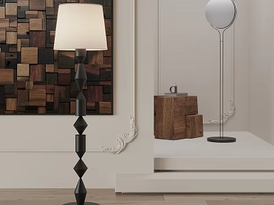 Modern Floor Lamp With Geometric Black Base White Lampshade And Wooden Wall Art 3d model