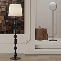 Modern Floor Lamp With Geometric Black Base White Lampshade And Wooden Wall Art