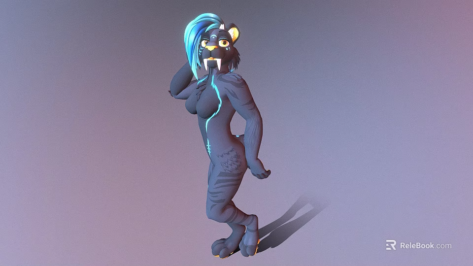 Game Movie Character With Blue Hair Glowing Yellow Eyes Dark Body Tiger Stripes Blue Lines 3d model 