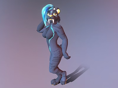 Game Movie Character With Blue Hair Glowing Yellow Eyes Dark Body Tiger Stripes Blue Lines 3d model