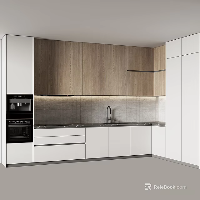 Modern Kitchen Interior Design With Wooden And White Cabinets Appliances And Tiled Backsplash 3d model 