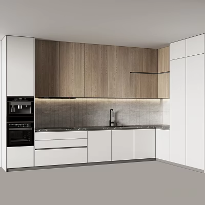 Modern Kitchen Interior Design With Wooden And White Cabinets Appliances And Tiled Backsplash 3d model
