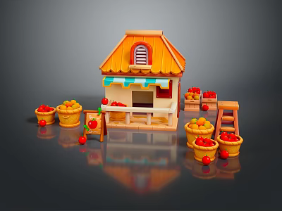 Wooden Fruit Stand with Orange Roof Awning and Baskets of Fresh Apples Oranges 3d model