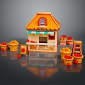 Wooden Fruit Stand with Orange Roof Awning and Baskets of Fresh Apples Oranges