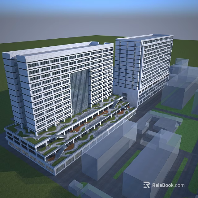Modern High Rise Office Building With Glass Facade Large Windows And Green Terrace Design 3d model 