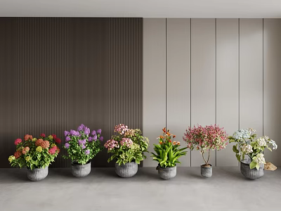 Colorful Bonsai Potted Plants With Various Flowers In Gray Pots For Indoor Decor 3d model