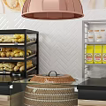 Modern Reception Counter With Baking Display Shelves Bread Items Yellow Beverage Bottles Copper Pendant Lamp And Herringbone Tiles