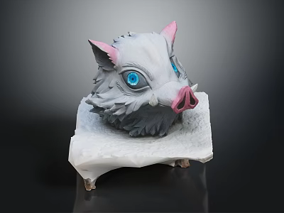 Fantasy Creature Head Sculpture With Gray Fur Pink Ears And Blue Eyes On White Base 3d model