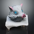 Fantasy Creature Head Sculpture With Gray Fur Pink Ears And Blue Eyes On White Base