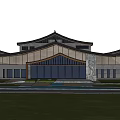 Traditional Chinese Style Building With Curved Roof Modern Glass Wall And Front Lawn Stone Carving
