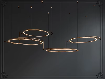 Modern Circular Chandelier with Gold Metal Rings Hanging in Dark Wall Decorative Frame 3d model