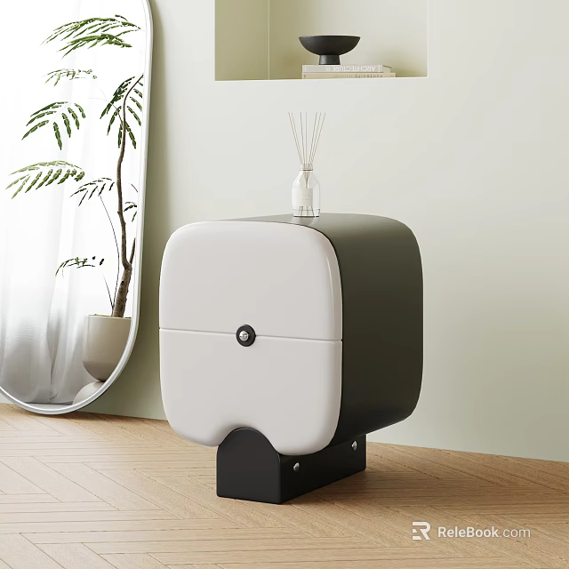 Modern Black White Bedside Table With Reed Diffuser Potted Plant And Round Mirror 3d model