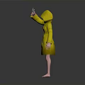 Woman in Yellow Hooded Coat Holding Phone Against Gray Background With Reflective Floor