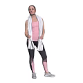 Fit woman wearing pink tank top black leggings with white towel and gray sneakers