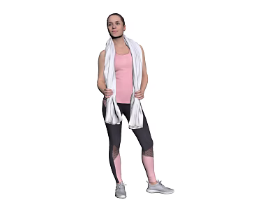 Fit woman wearing pink tank top black leggings with white towel and gray sneakers 3d model