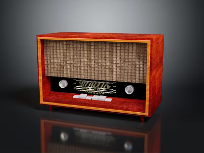 Vintage Radio With Red Wooden Case Mesh Front Panel And Control Knobs 3d model