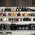 Modern Coffee Tea Shop Display With Various Coffee Machines And Appliances On Shelves