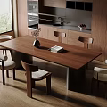 Modern Wooden Dining Table Set With Upholstered Chairs And Kitchen Cabinets