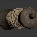 Vintage Wooden Reel Wound With Natural Rope And Rustic Textured Surface