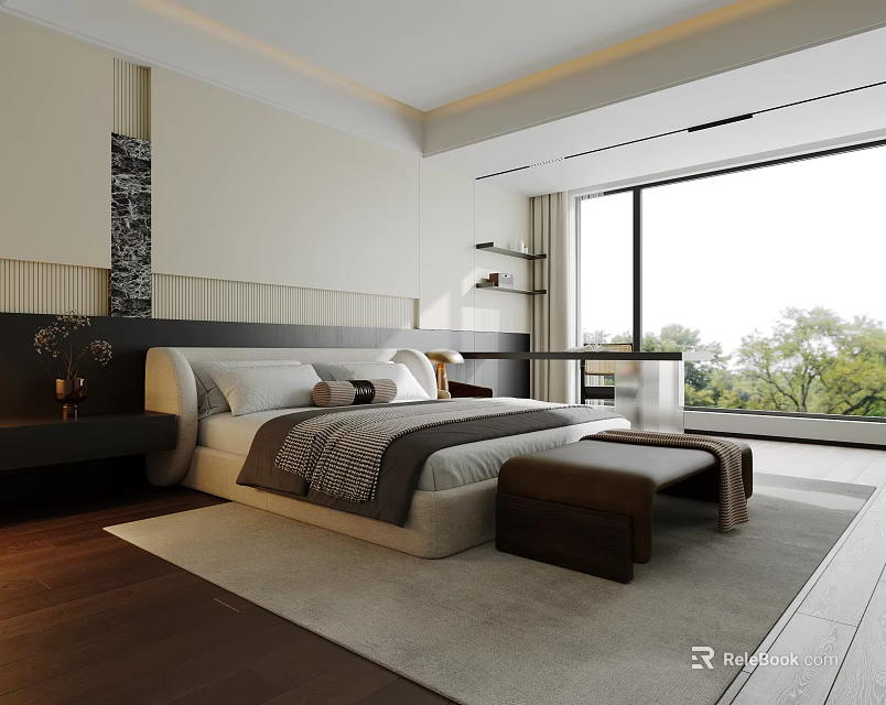 Modern Bedroom Interior With Large Bed Bench Nightstand Rug Wooden Floor And Large Window 3d model 