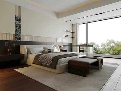 Minimalist Bedroom Double Bedside Table Rattan Chair Metal Table Lamp Bed End Stool Carpet Curtain 3d model