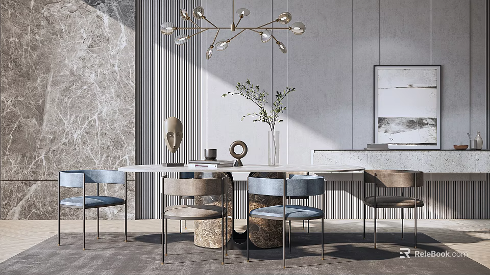 Modern Dining Table Set With Blue Brown Chairs Metal Legs Chandelier And Plant 3d model 