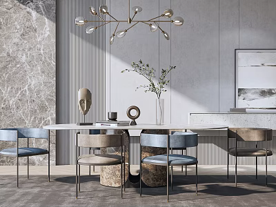 Modern Dining Table Set With Blue Brown Chairs Metal Legs Chandelier And Plant 3d model