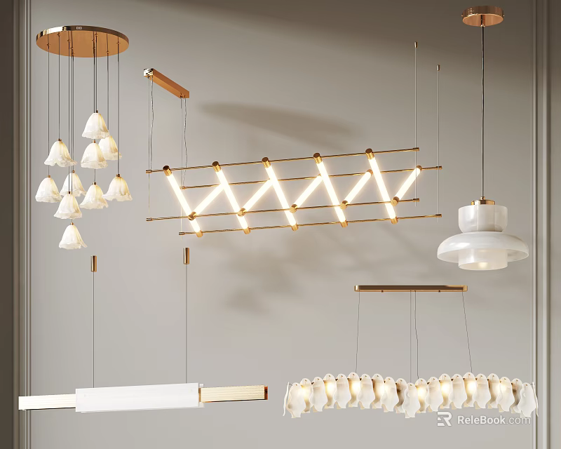 Modern Chandelier Designs With Gold Metal Frames And White Ceramic Shades 3d model 