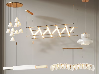 Modern Chandelier Designs With Gold Metal Frames And White Ceramic Shades 3d model