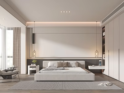 Modern Bedroom Interior Design With Light Color Scheme Bed Nightstands Wardrobes And Rug 3d model