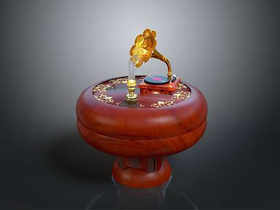 Elegant Gramophone Shaped Decorative Ornament With Golden Horn Wooden Base And Patterns 3d model