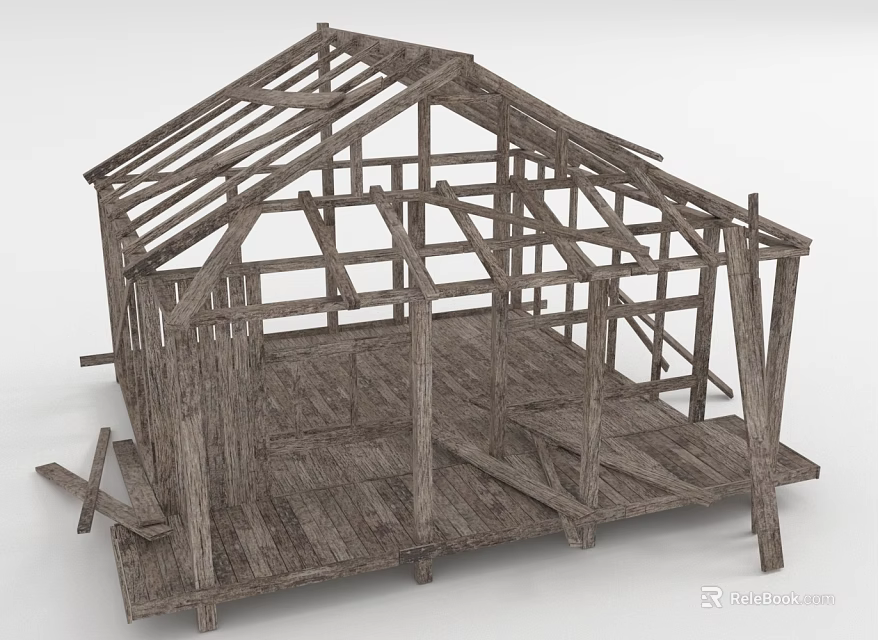 Wooden House Under Construction With Wooden Frame Beams And Floor Structure 3d model 
