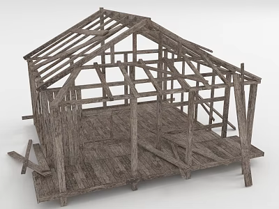Wooden House Under Construction With Wooden Frame Beams And Floor Structure 3d model