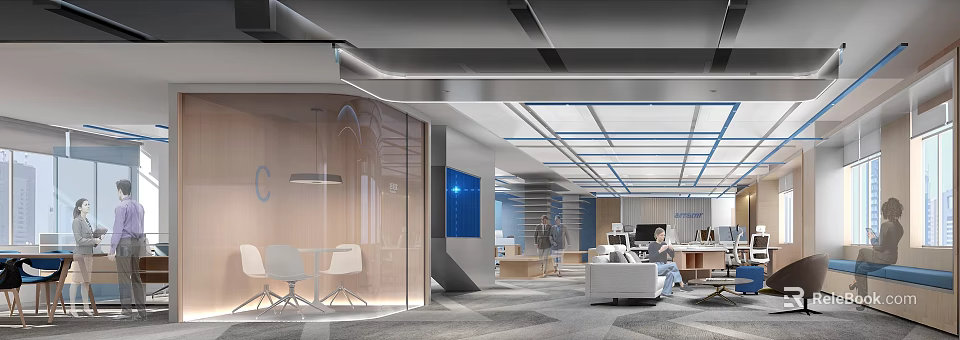 Modern Public Office Space With Open Layout Glass Partitions Wooden Elements And Blue Screens 3d model 