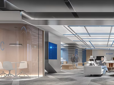Modern Public Office Space With Open Layout Glass Partitions Wooden Elements And Blue Screens 3d model